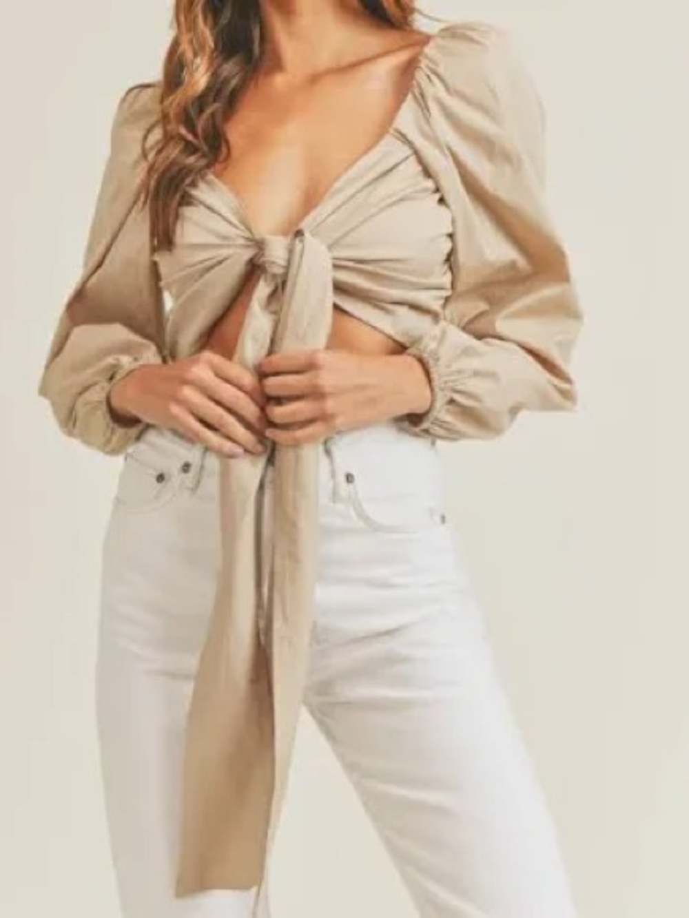 Beige Puff-Sleeve Tie-Front Crop Top Sz S